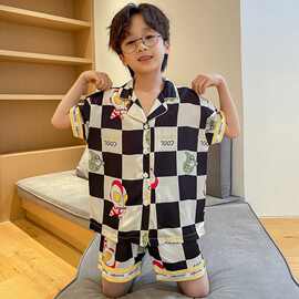 睡衣夏季儿童宽松短袖冰丝薄款短裤套装男童卡通男孩家居服中大童