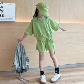 2024夏季新款女童韩版运动套装儿童洋气鞭带上衣休闲短裤两件套潮