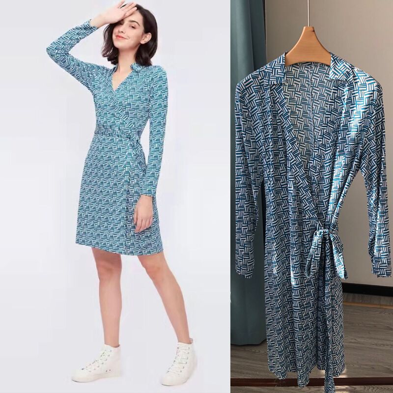 French-Style Light Luxury Dvf Gemstone Green Woven Texture Print Long-Sleeve Wrap Dress Classic Tea Break Dress