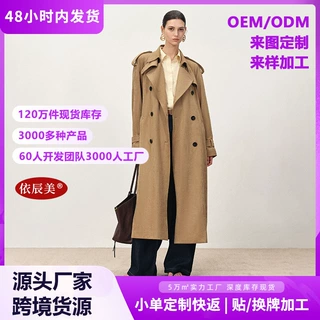 欧美跨境爆款卡其色仿麂皮风衣女长款双排扣肩章宽松廓形复古外套