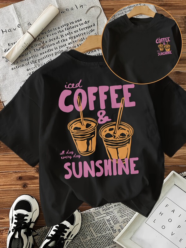 Women's Casual Short-Sleeved T-Shirt-Iced Coffee and Sunshine Letter Graphic Print, Coffee Love Women's Casual Short-Sleeved T-Shirt-Iced Coffee and Sunshine Letter Graphic Print, Coffee Love