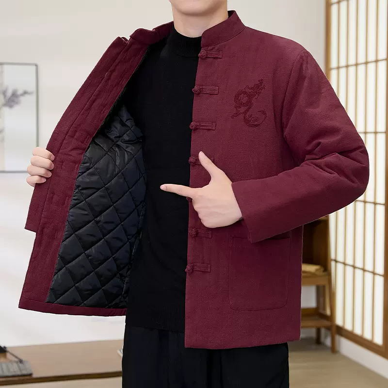 亚麻冬装棉衣加棉加厚唐装外套男中国风龙纹刺绣复古盘扣棉袄上衣