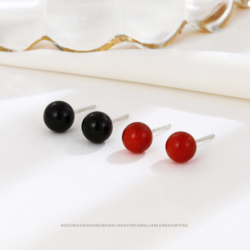 Niche ins temperament jewelry s925 sterling silver black and red agate earrings personalized girlfriends high-end crystal earrings for women