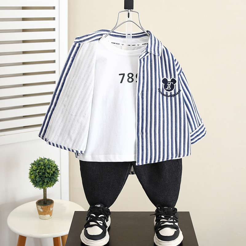 5841 Camisa a rayas de estilo occidental para niños 2024 nueva ropa de otoño para niños chaqueta de moda para niños primavera y otoño casual manga larga