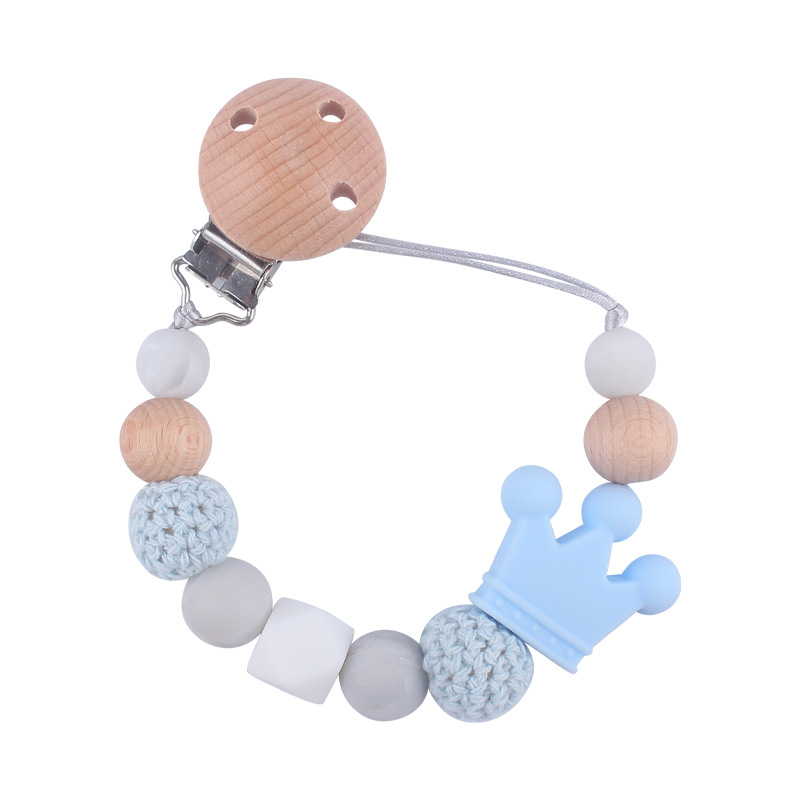 Suministros para bebés calmante clip de chupete de haya bebé anti-caída de la cadena de dibujos animados corona de silicona perlas mordedura molar chupete cadena