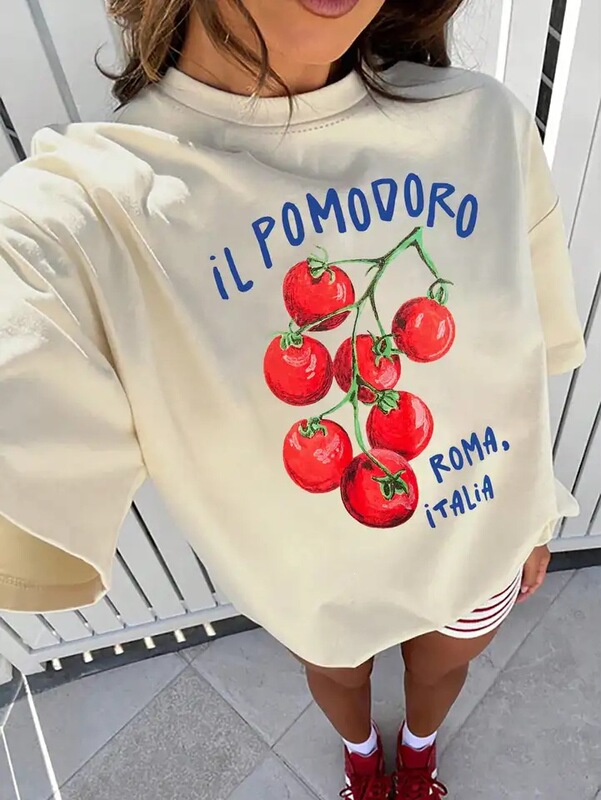 Women's Casual Tomato Print Round Neck Short Sleeve T-Shirt Cute Aesthetic Fruit Shirt Fashion Women's Beachwear