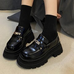 英伦风小皮鞋女松糕单鞋子2025年春季新款厚底系带黑色百搭乐福鞋
