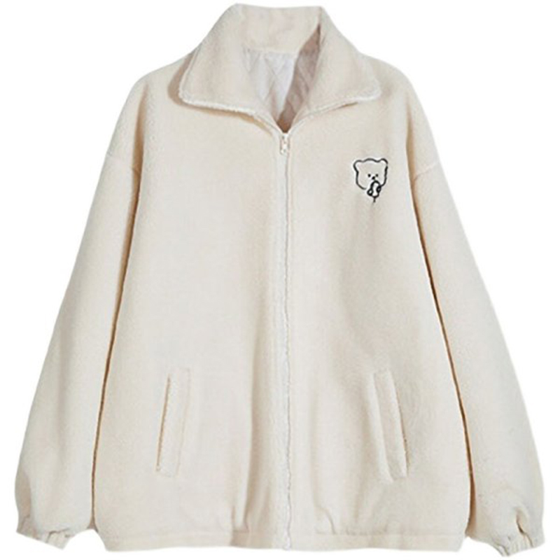 2024 가을과 겨울 새로운 느슨한 칼라 LAMBSWOOL COAT 여성의 두꺼운 서양 스타일 올 매치 귀여운 곰 봉제 탑
