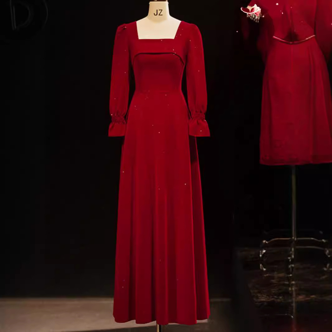 Bride's Toast Dress 2026 New Burgundy Spring and Autumn Long-Sleeved Wedding Annual Party Dress Women's High-End Long Dress