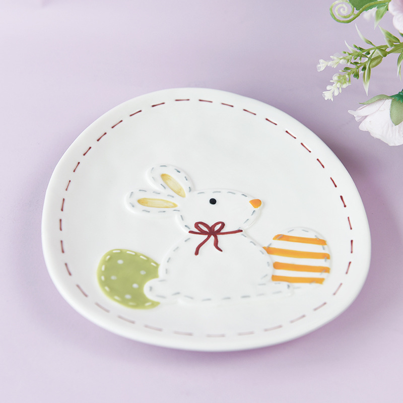 Lindo conejo de dibujos animados placa de cerámica de alta temperatura alivio placa plana Ceremonia del desayuno sensación plato Hogar Accesorios Para el hogar