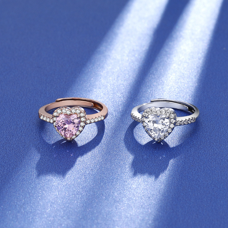 Daily, Street Occasion Copper Material Heart Shape Pattern Elegant Lady Sweet Heart Shape Copper Plating Inlay Zircon Open Rings