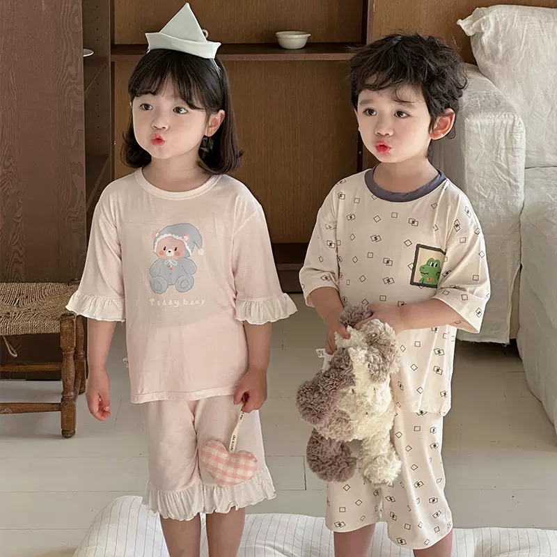绿博尔批发现货A类中袖优可丝透气轻薄儿童家居服空调服睡衣套装
