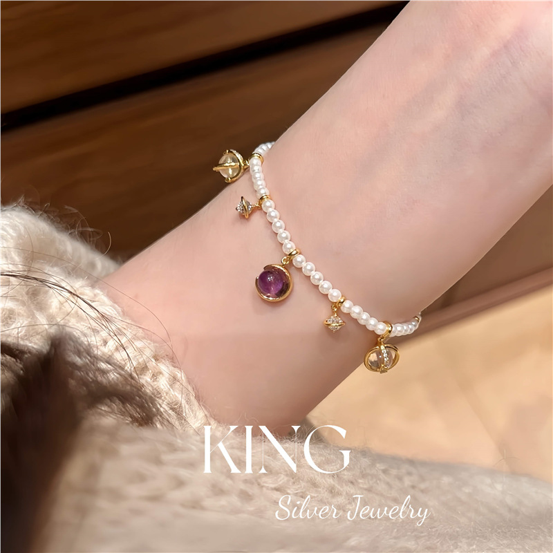来自星星的你 | S925银镀金施家珍珠紫水晶复古时尚纯银手链项链|undefined