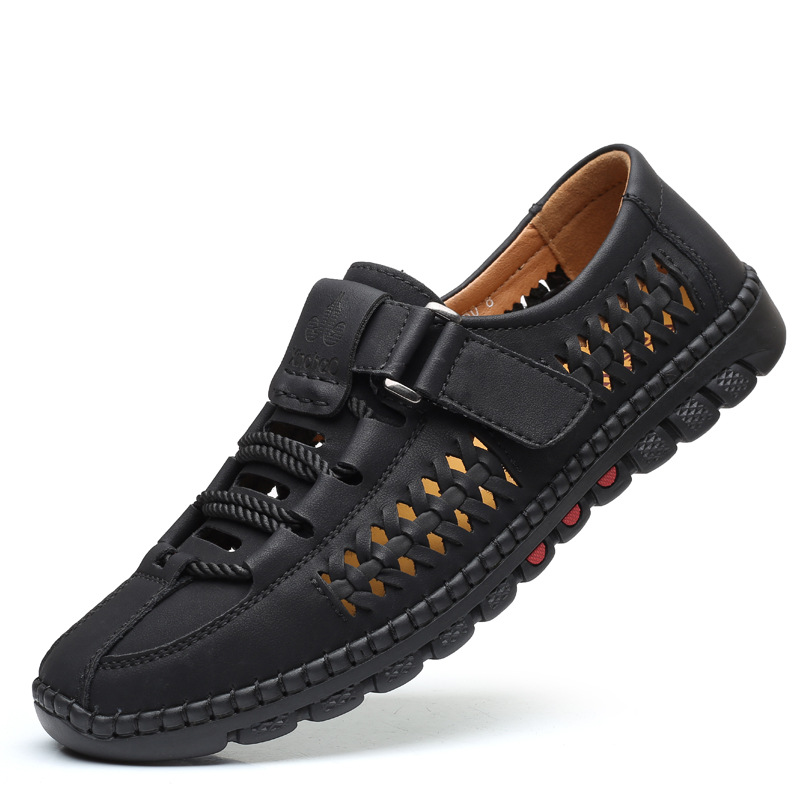 Sandalias de verano para hombre, zapatos casuales de cuero hechos a mano, zuecos transpirables huecos, zapatos comerciales para hombre, zapatos de exterior para hombre de mediana edad