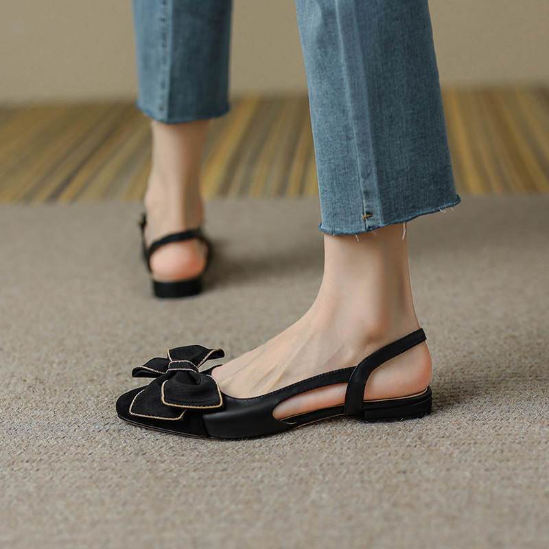 Sandal nữ bít mũi đế bệt phong cách cổ điển nơ phối màu — Màu đen