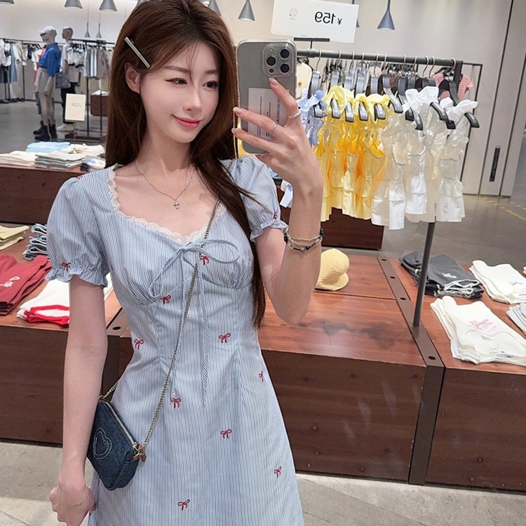 プラスサイズのフレンチパフスリーブブルードレス、優しくて美しい花柄スカート、ファットmmウエスト痩身スカート、女性夏用|undefined