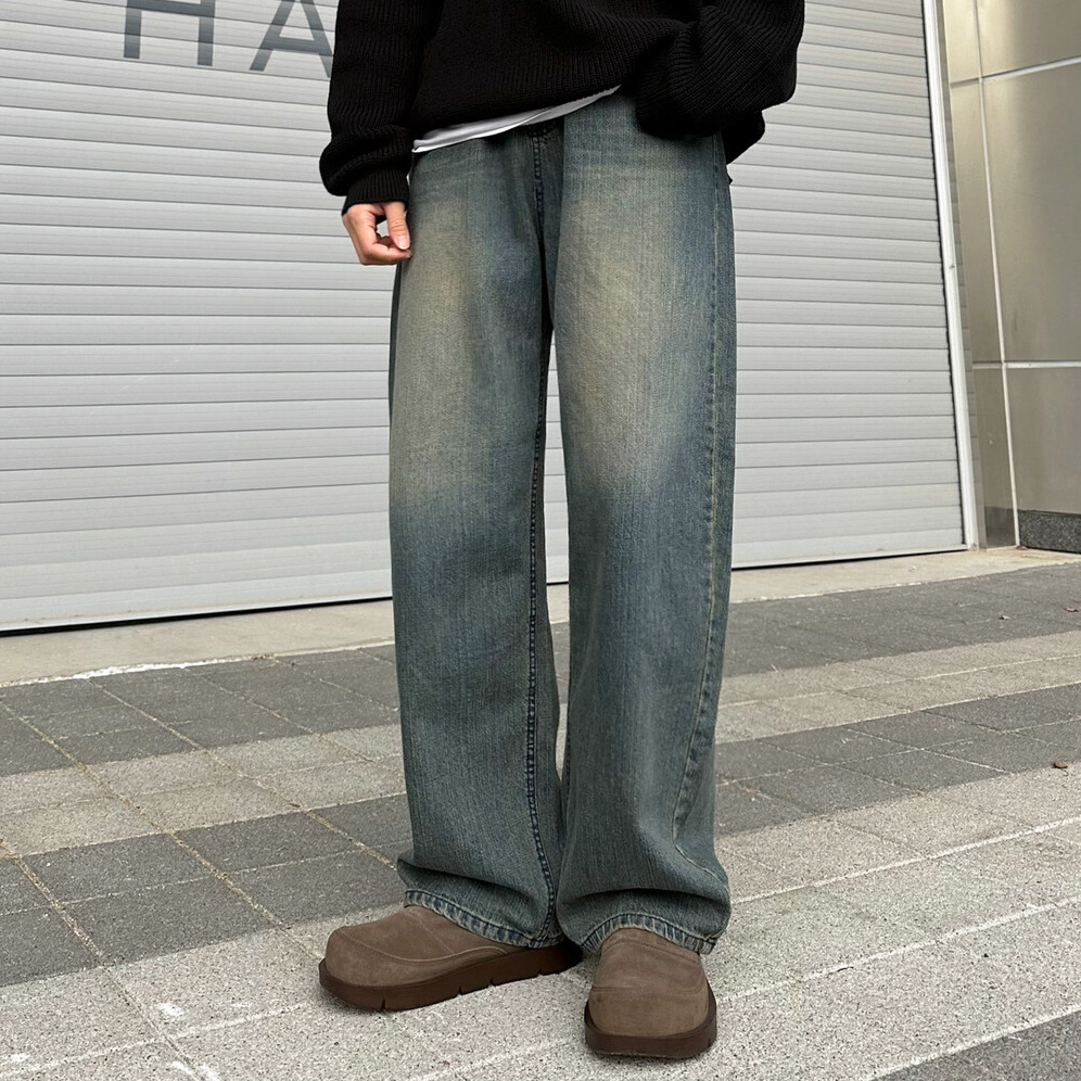 Men's Drapey Straight Leg Jeans Loose Fit Casual Wide Leg Pants Retro Style Midweight Cotton For Autumn Winter_mkmklike.com