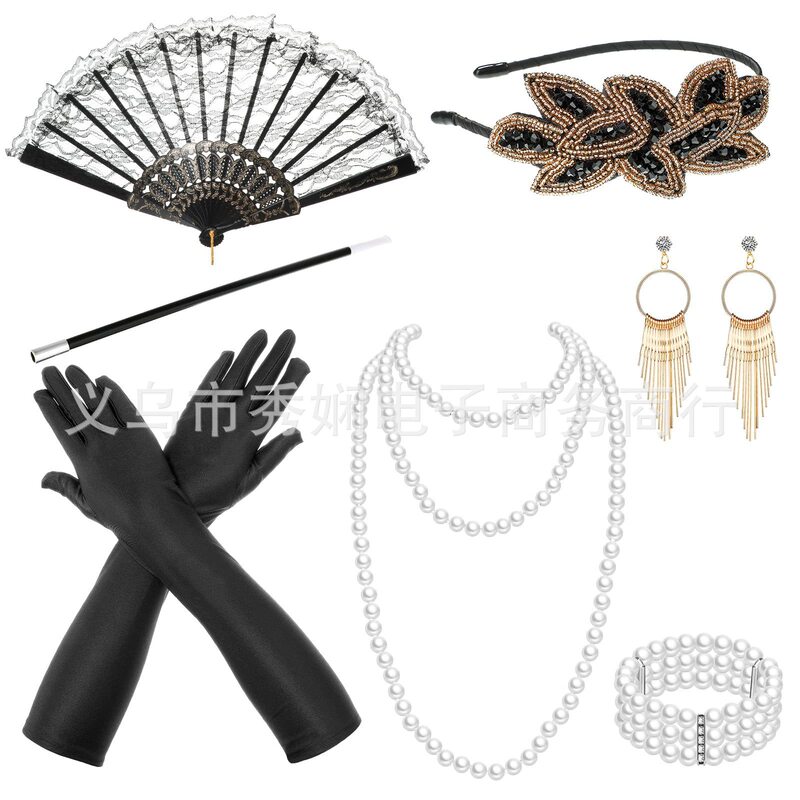 1920s Flapper Headband Gatsby ball suit folding fan Headband earrings gloves necklace bracelet