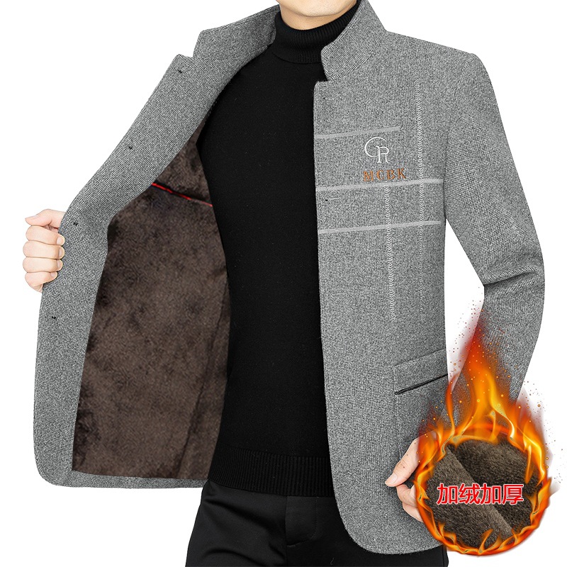 Chaqueta de lana gruesa para hombres de mediana edad, otoño e invierno 2025, cuello alto, estilo casual de negocios, abrigo de lana para papá