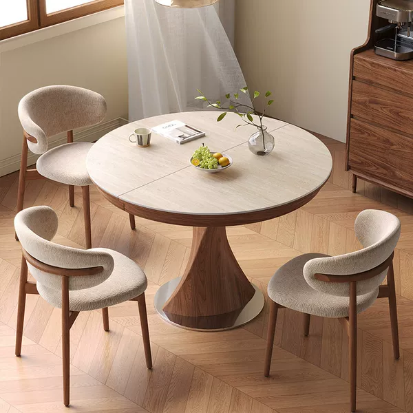 Vintage-style living room home-use extendable and foldable square-round dual-purpose dining table, 2026 new model, small-sized rock slab dining table
