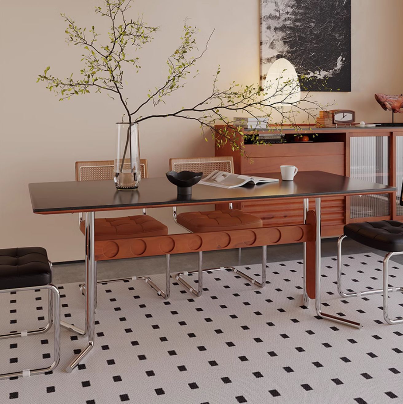 레트로 빈티지 모던 모던 미니멀리스트 슬레이트 롱 다이닝 테이블과 의자 조합 홈 모던 미니멀리스트 슬레이트 롱 다이닝 테이블과 의자