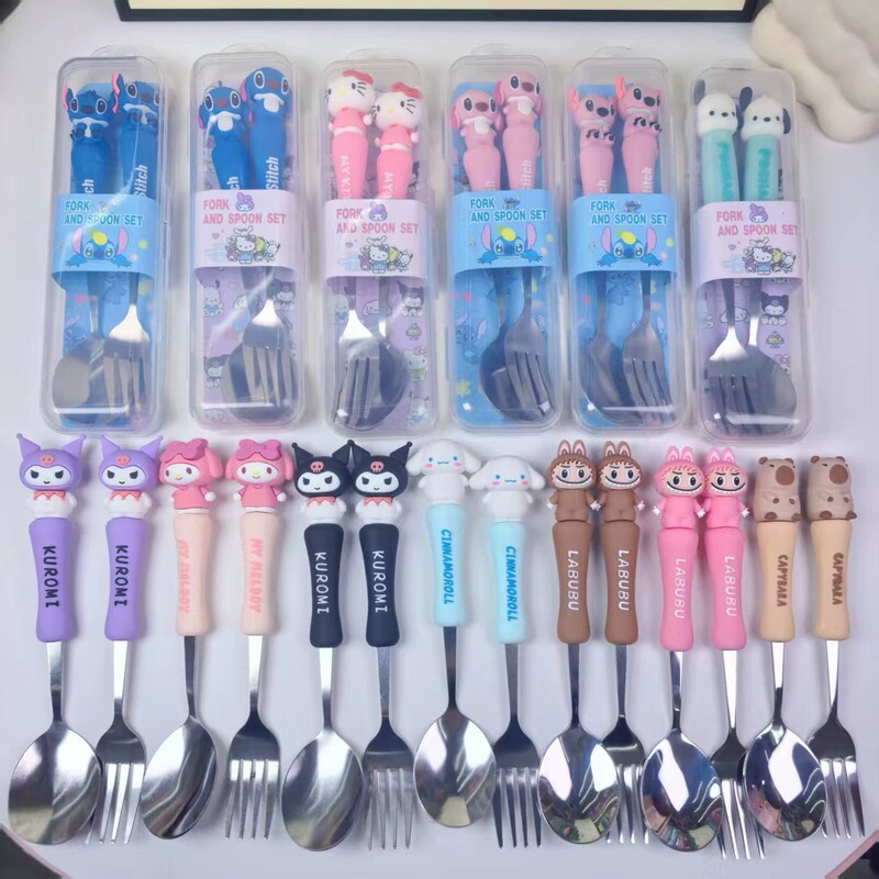 Manufacturer Wholesale Cartoon Tableware Set Stainless Steel Spoon and Fork Two-Piece Set Student Good Tableware Storage Box
