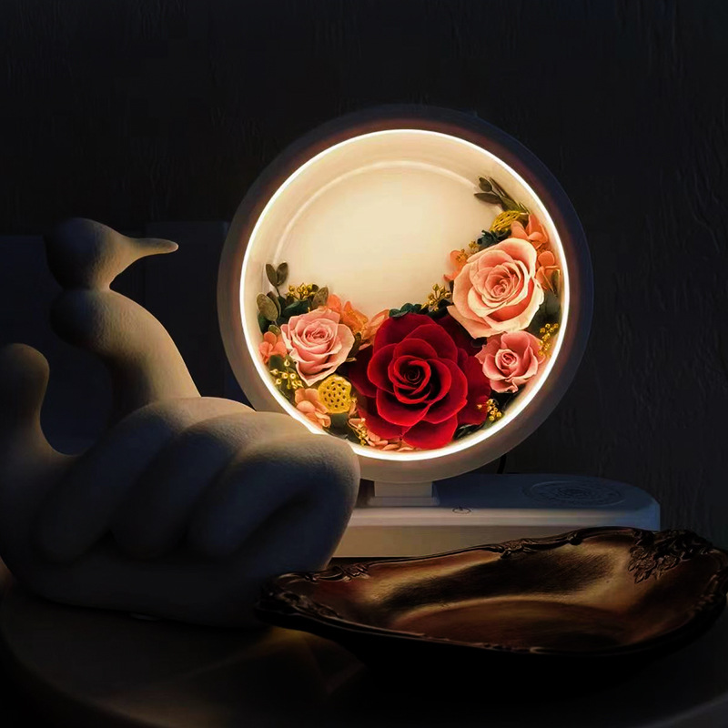 Lámpara de mesa con rosa de San Valentín, adorno de flores secas para novia, regalo de boda, cubierta de cristal, flor eterna, celebración de bodas