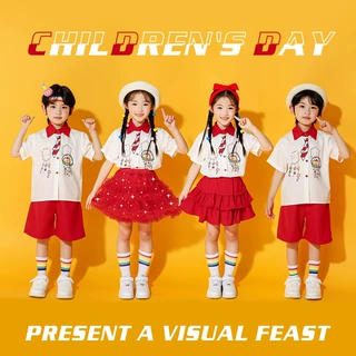 六一儿童表演服装男童女童红色闪亮纱裙舞蹈服幼儿园啦啦队演出服