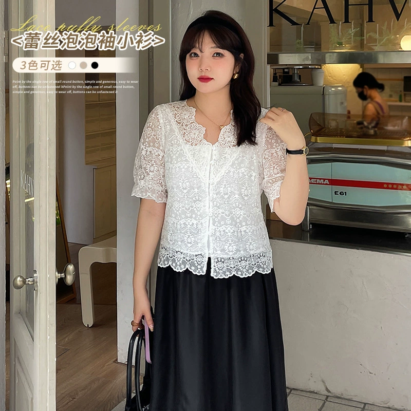 Плюс размер женщин Шанель Стиль шифон рубашка Лето круглолицый девушка кружева V-образным вырезом Топ с коротким рукавом 270538