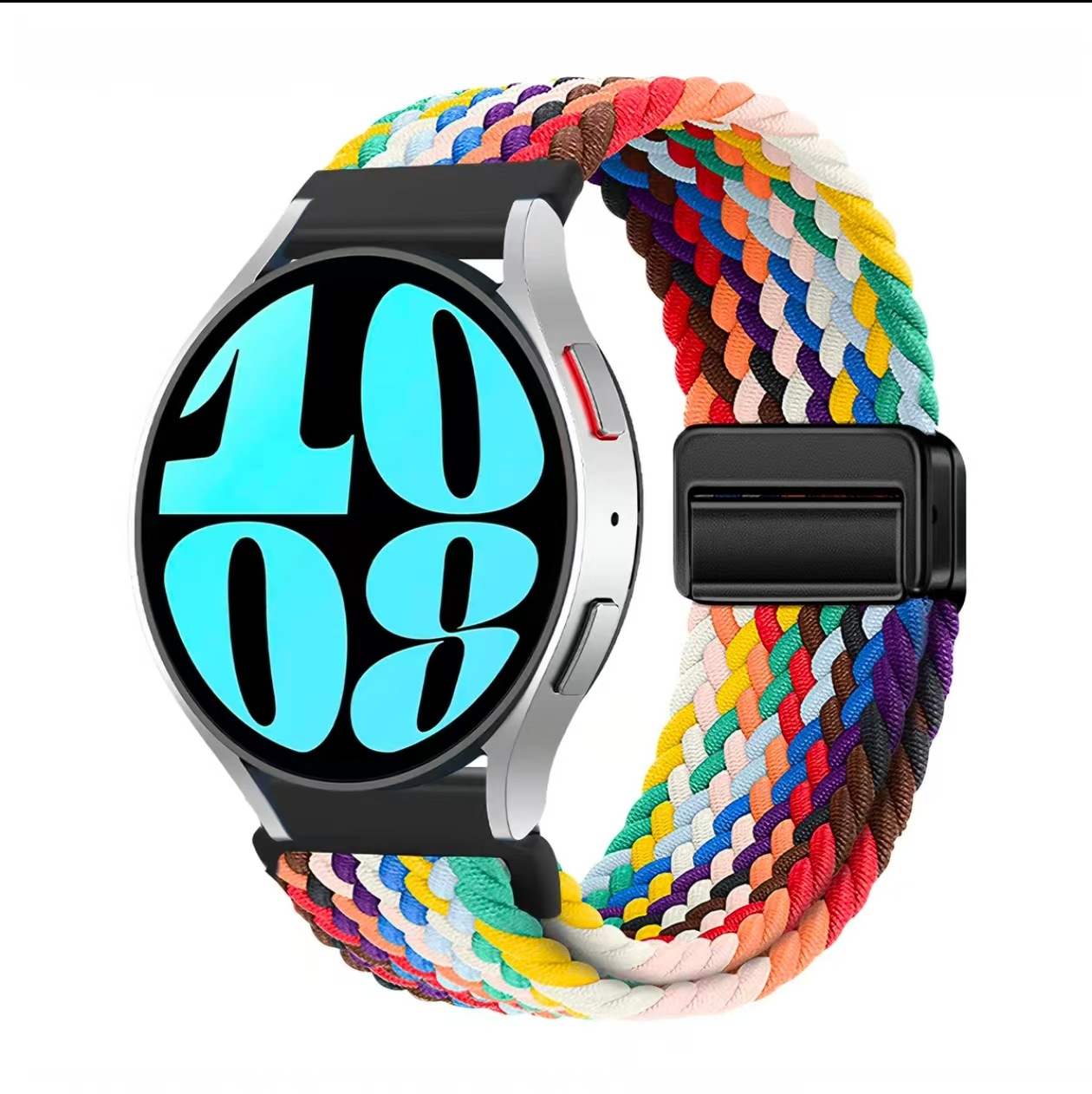 Correa de reloj deportiva trenzada de nailon con hebilla magnética de cuatro puntos y anilla metálica, compatible con las series Huawei, Samsung y Garmin.