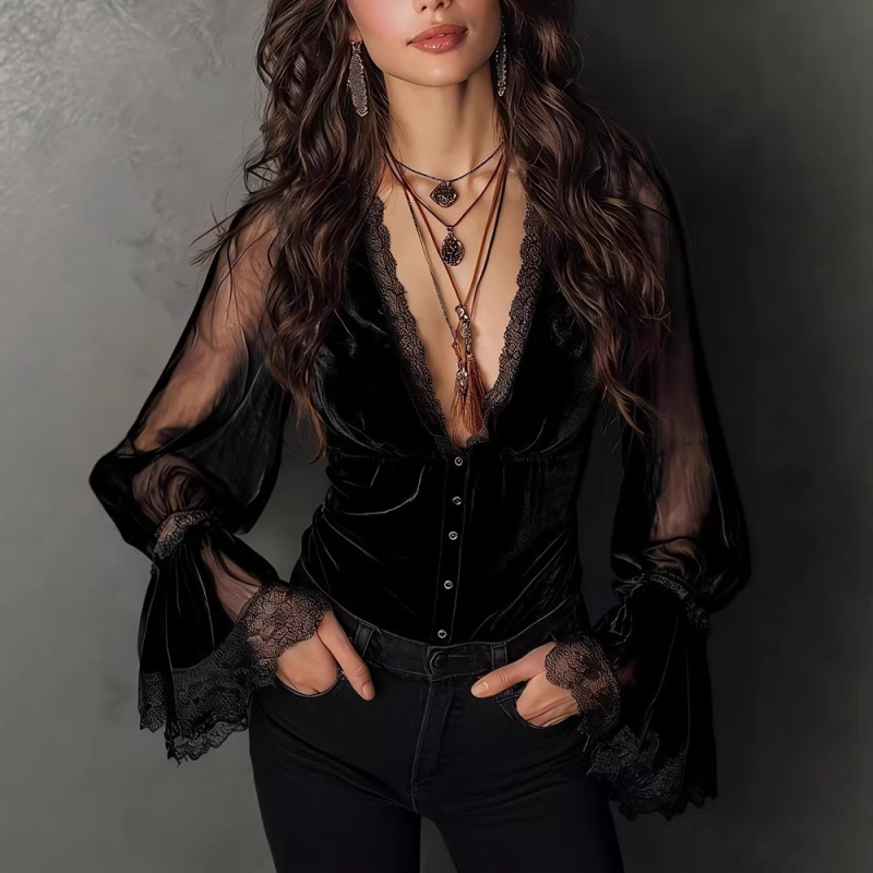 Independent Brand 2026 Summer New Collection Women's Elegant Gothic Style Party Transparent Mesh Lace V-Neck Top Independent Brand 2026 Summer New Collection Women's Elegant Gothic Style Party Transparent Mesh Lace V-Neck Top