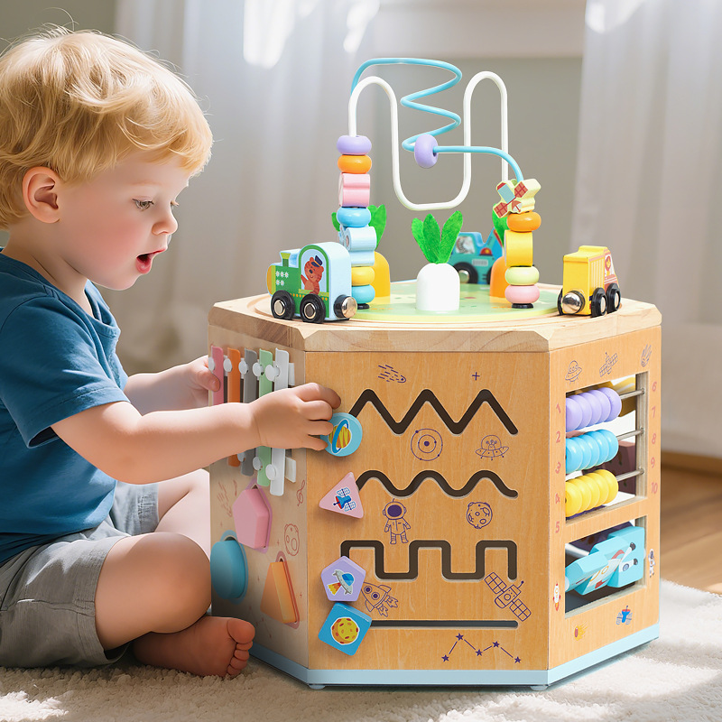 Montessori educación temprana todo en uno cuentas redondas de seis lados caja del Tesoro forma de la pista del tren juguetes educativos multifuncionales