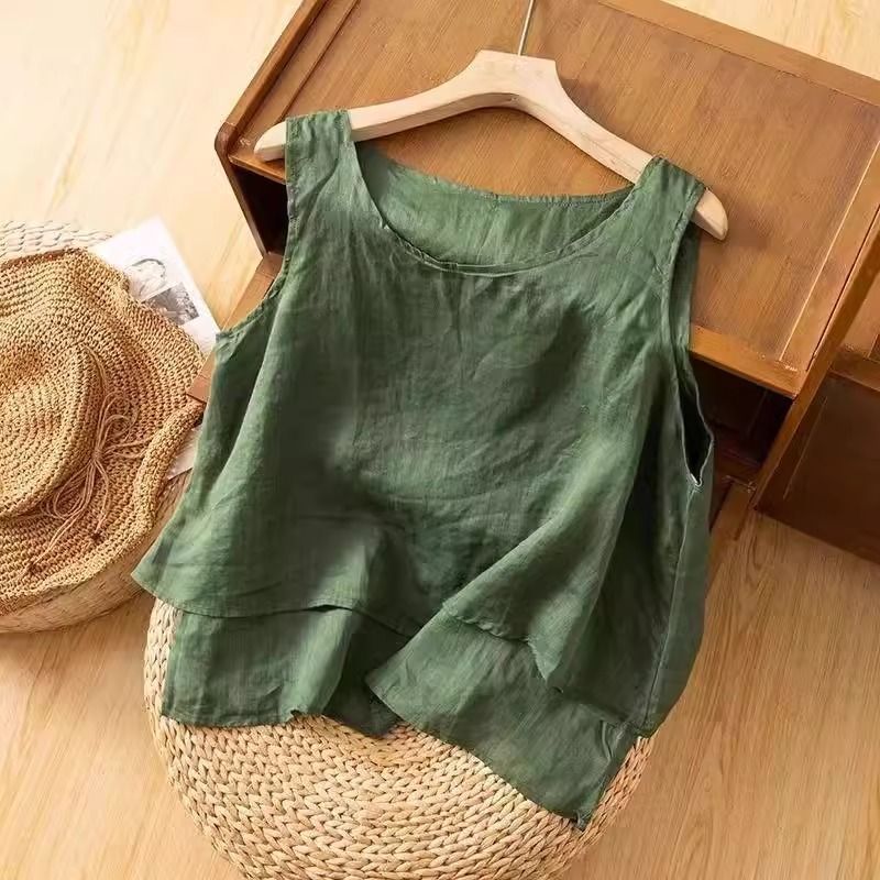 Green Summer New Cotton and Linen Camisole Loose Casual Literary Sleeveless Top Retro Simple Design for Women