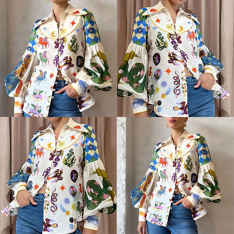 Camisa de mujer con solapa y estampado de estilo elegante para el verano 2026, nueva colección transfronteriza europea y americana, estilo casual para el trabajo. image 1