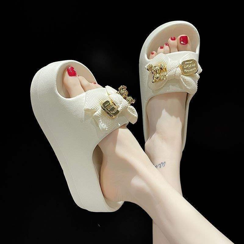 Thick-Soled High-Heeled Slippers for Women, Summer 2025 New Style, Cute Bear Bowknot, Comfortable Slippers