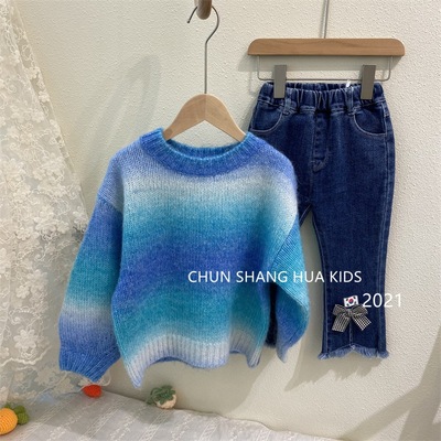 韓國童裝2021秋裝新款女寶寶漸變色長袖毛衣中小童套頭針織衫韓版