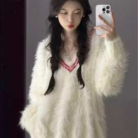 棉羊绒V领毛衣女秋冬外穿宽松慵懒风高级感软糯糯套头针织衫上衣