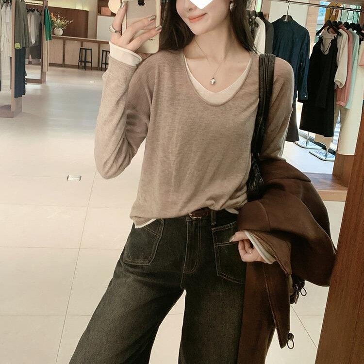 Meiyang MEIYANG Crescent Knitted Sweater Wool Blend | Yadan Wind V-Neck Curl Contrast Color Fake Two-Piece Jacket