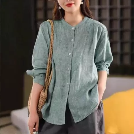 2025年跨境欧美春季新款立领衬衫女款长袖上衣宽松休闲气质衬衣