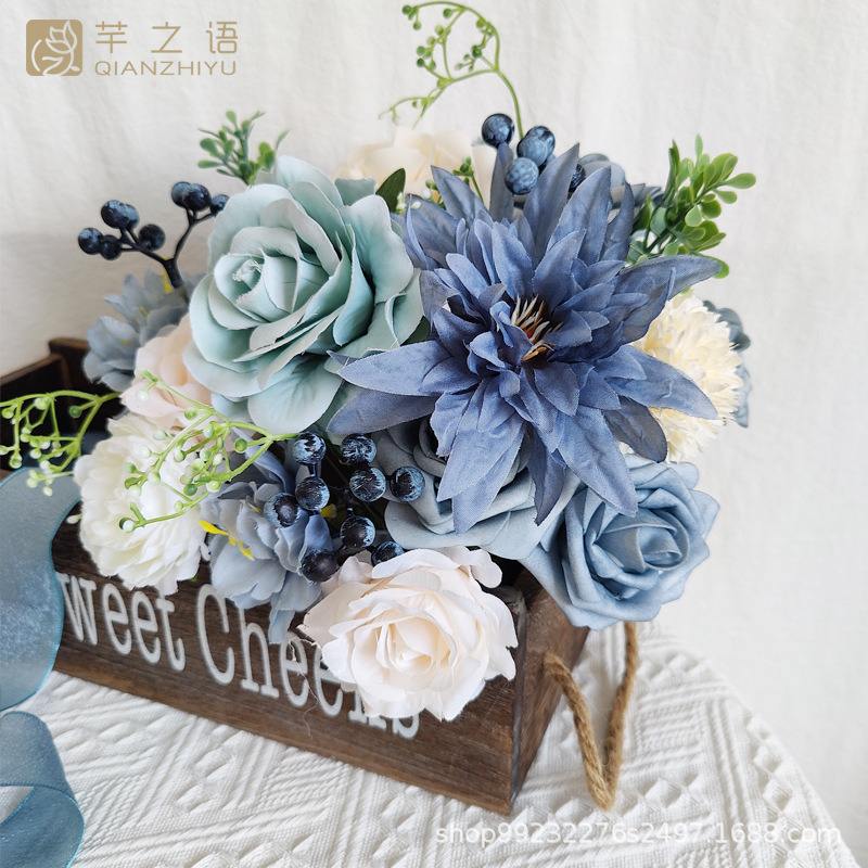 亚马逊热销手工制作仿真绢花礼盒花夏日清新蓝色婚礼庆典订婚手捧