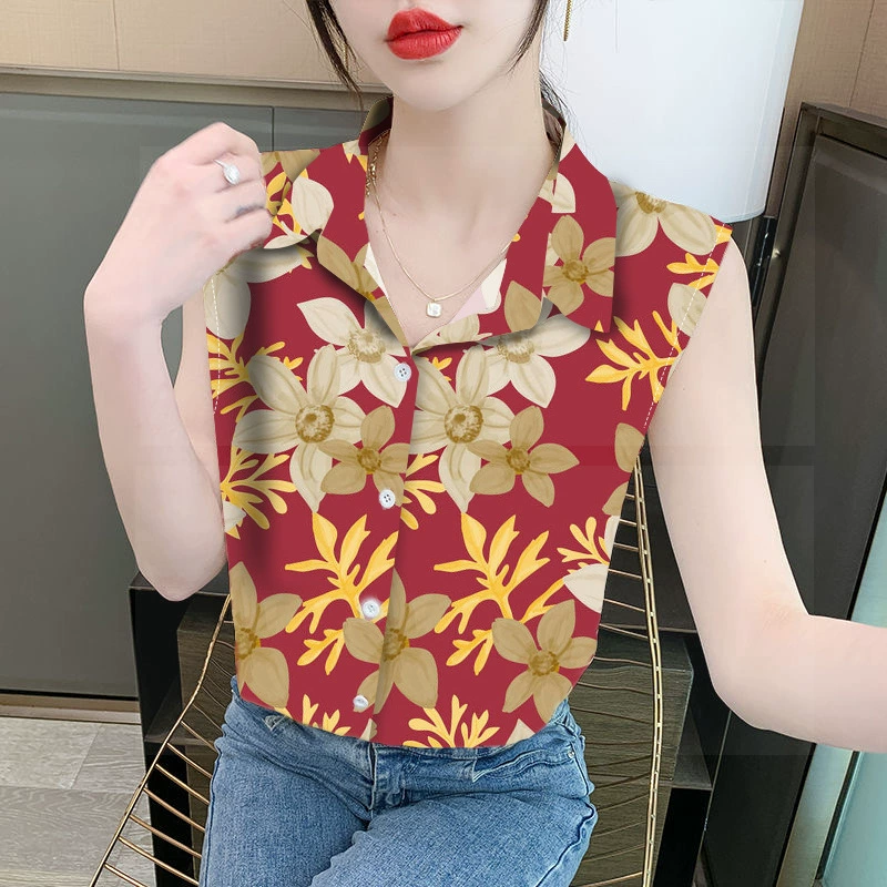 Женская свободная шифоновая блузка без рукавов с принтом на лацканах, с воротником поло, закрывающая живот, для трансграничной торговли