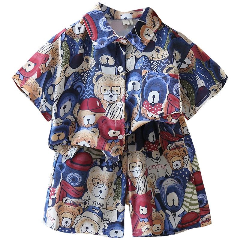 7181 Traje de camisa de oso para niños Verano de manga corta 2025 Nuevo estilo Camisa de dibujos animados de verano para niños Traje de tres piezas Verano