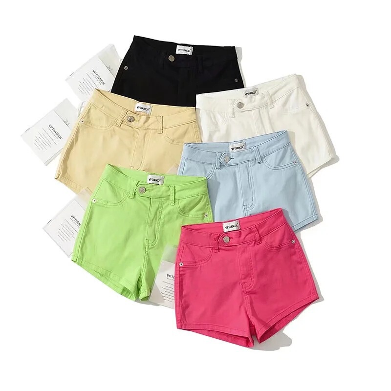 2022 Summer Candy Color High Waist Stretch Slim Fit Denim Shorts Women's Hot Pants for Hot Denim