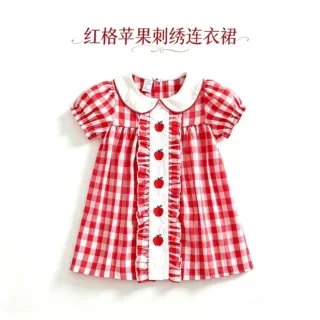 女童裙子复古红色格子娃娃领连衣裙泡泡短袖苹果绣花荷叶边直筒裙