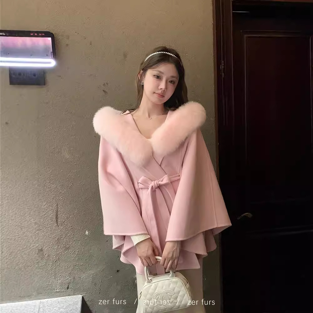 新款狐狸毛领双面羊绒大衣女中长款连帽斗篷双面羊毛呢皮草外套女