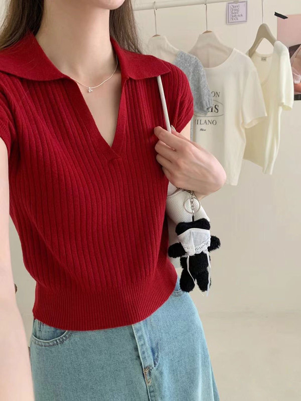 纯欲polo领辣妹设计感短袖上衣女装夏季新款独特别致绝美针织T恤|undefined