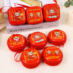 New Year Tinplate Coin Purse Round Headphone Bag Change Coin Children's Year of the Dragon Themed Gift Headphone Storage Bag