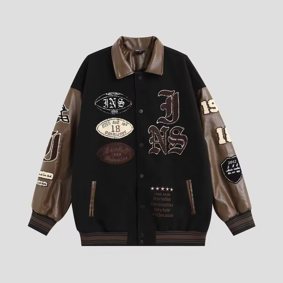 American Cross-border Retro Contrast Color Stitching Embroidered Baseball Suit High-grade Brown Jacket Men's and Women's Spring and Autumn Fashion Brand Motorcycle Jacket