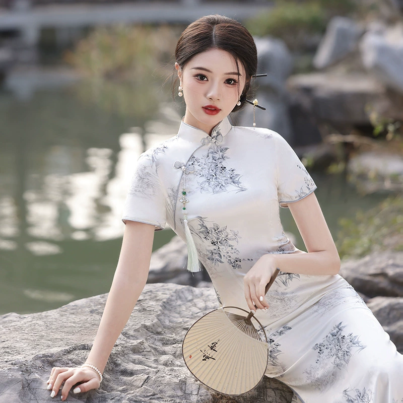 仟金公主 Retro elegante легкий чонсам, китайский стиль, с коротким рукавом