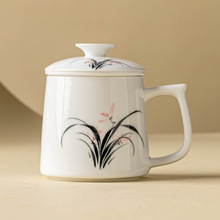 手绘墨竹兰花办公杯陶瓷杯子茶水分离泡茶杯大号马克杯带盖喝水杯
